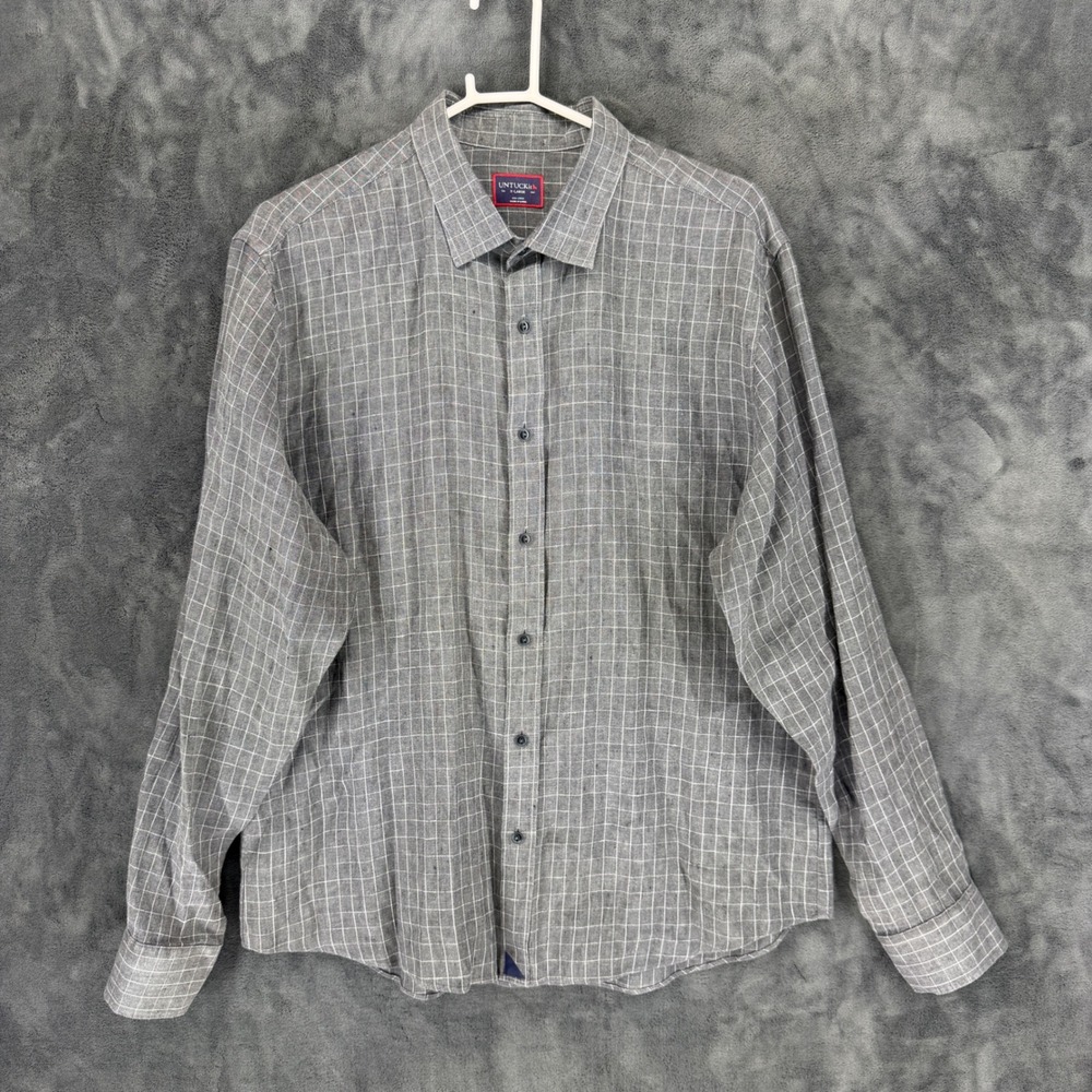 UNTUCKit Chauvin Mens XL Grey Windowpane Check 100% Linen Long Sleeve Shirt